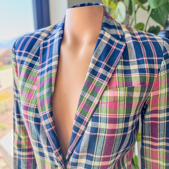 Ralph Lauren Plaid Jacket, Blue Label 100% Cotton w Shoulder Pads, Womens Size 2 - Picture 4 of 10